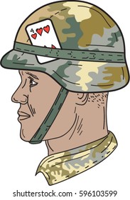 Drawing sketch style illustration of African American soldier wearing Us Army Kevlar combat helmet with camouflage cloth cover and four of hearts playing card attached to side  isolated background. 