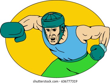 Drawing sketch style illustration of an amateur boxer wearing headgear hitting a knockout punch viewed from front set inside oval shape. 