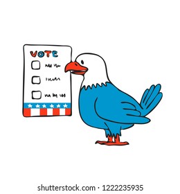 Drawing sketch style illustration of an American bald eagle about to vote beside election ballot paper on isolated white background.