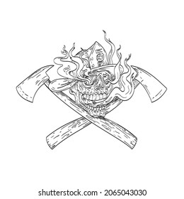 Drawing sketch style illustration of an American fireman skull wearing a firefighter helmet hat with crossed fire axe smoke and fire on isolated background in black and white tattoo style.