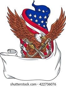Drawing sketch style illustration of an american bald eagle looking to side clutching with talon towing j hooks with chains viewed front with unfurled usa american stars and stripes flag background. 