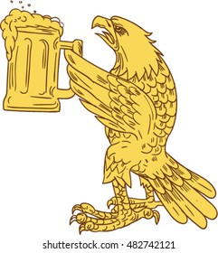 Drawing sketch style illustration of an american bald eagle hoisting beer mug stein viewed from the side set on isolated white background. 