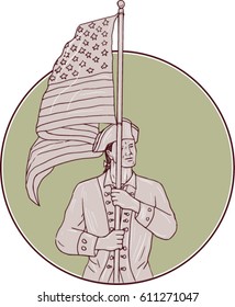 Drawing sketch style illustration of an american patriot standing in full attention carrying usa flag looking to the side viewed from front set inside circle. 