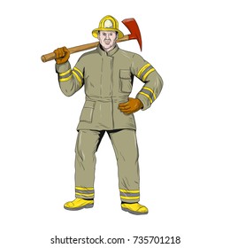 Drawing sketch style illustration of an American Firefighter fireman first responder holding Fire Axe on shoulder standing viewed from front on isolated background.