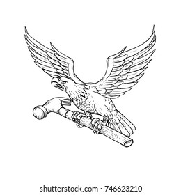 Drawing sketch style illustration of an American Bald Eagle clutching a hammer viewed from side on isolated background.