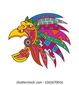 Drawing sketch style illustration of an ancient Aztec feathered headdress, a flamboyant and colourful costume piece worn by Aztec nobility, elite and priests side isolated white background in color.