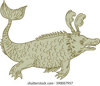 Drawing sketch style illustration of an ancient sea monsters, marine beings from folklore believed to dwell in the sea and often imagined to be of immense size set on isolated white background.