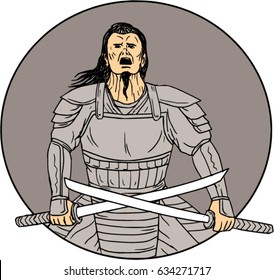 Drawing sketch style illustration of an angry Samurai warrior looking up holding  swords in a cross position viewed from front set inside oval on isolated background. 