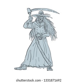 Drawing sketch style illustration of Ankou, henchman of Death, Celtic keeper of lost souls and graveyard watcher in Breton mythology with hat and scythe like the Grim Ripper on isolated background.