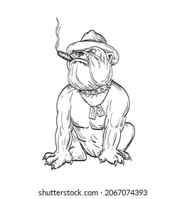 Drawing sketch style illustration of a an army sergeant major bulldog wearing hat smoking cigar and wearing dog tags sitting viewed from front on isolated background in black and white tattoo style.