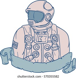 Drawing sketch style illustration of an astronaut bust looking to the side set on isolated white background with ribbon. 