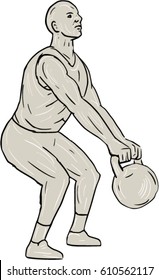 Drawing sketch style illustration of an athlete weightlifter working out squatting lifting swinging kettlebell with both hands viewed from the side set on isolated white background. 