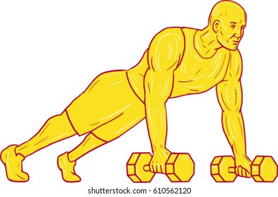 Drawing sketch style illustration of an athlete working out doing push ups with two hands holding dumbbell set on isolated white background. 