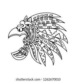 Drawing sketch style illustration of an Aztec feathered headdress, a flamboyant and colourful costume piece worn by Aztec nobility, elite and priests viewed from side background in black and white.