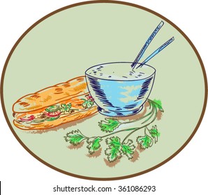 Drawing sketch style illustration of a Bahn mi Vietnamese sandwich with meat and bowl of rice and chopsticks and coriander herb set inside circle.