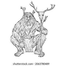 Drawing sketch style illustration of a Basajaun or Lord of the Woods a huge hairy hominid dwelling in the woods in Basque mythology squatting with staff of deer skull on isolated white background.