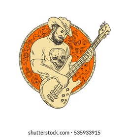 Drawing sketch style illustration of a  bearded cowboy wearing hat holding playing bass guitar viewed from front set inside circle. 