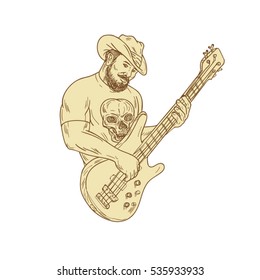 Drawing sketch style illustration of a  bearded cowboy wearing hat holding playing bass guitar viewed from front set on isolated white background. 