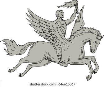 Drawing sketch style illustration of Bellerophon, a Greek mythology hero riding Pegasus, a winged horse-god divine stallion holding torch viewed from the side set on isolated white background. 