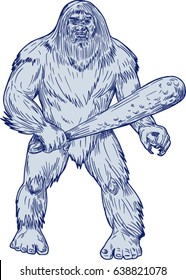 Drawing sketch style illustration of a Bigfoot or Sasquatch, simian-like creature of American folklore with large, hairy, bipedal humanoid standing holding club viewed front on isolated background. 