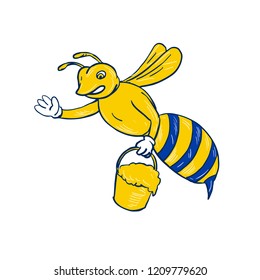 Drawing sketch style illustration of a bumblebee or honey bee waving carrying a pail of dripping honey on isolated white background.