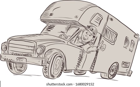 Drawing Sketch Style Illustration Of A Camper Van Driver Extending Thumbs Up Viewed From Front On Isolated White Background.