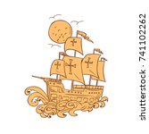 Drawing sketch style illustration of a caravel, a small, fast Spanish or Portuguese sailing ship of the 15th and 17th centuries with moon in the background.