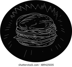 Drawing sketch style illustration of a cheeseburger set inside oval shape on isolated black background.
