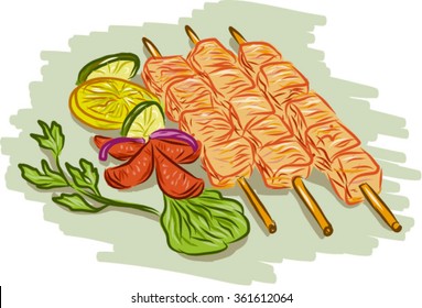 Drawing sketch style illustration of chicken kebabs skewers with vegetables, coriander, lemon, leaf, cucumber on isolated white background.