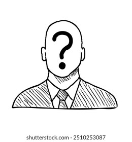 Drawing sketch style illustration of a concept for Identity Fraud deep fake showing male face with question mark on isolated background done in black and white line art.