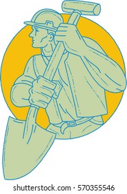 Drawing sketch style illustration of a construction worker wearing hard hat holding shovel looking to the side set inside circle on isolated background. 
