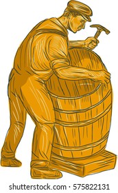 Drawing sketch style illustration of a cooper with hammer making a wooden barrel, cask or bucket viewed from the side set on isolated white background. 