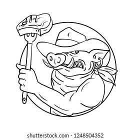 Drawing sketch style illustration of a cowboy wild pig, hog or wild boar holding a fork with barbecue steak set inside circle on isolated white background in black and white.
