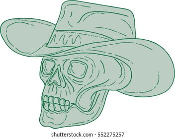 Drawing sketch style illustration of a cowboy skull chef cook wearing hat looking to the side set on isolated white background. 