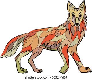 Drawing sketch style illustration of a coyote wild dog viewed from the side facing front set on isolated white background. 