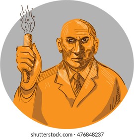 Drawing sketch style illustration of a crazy scientist holding test tube viewed from the front set inside circle on isolated background. 