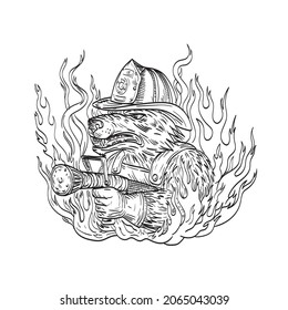 Drawing Sketch Style Illustration Of A Dog Or Wolf Fireman Aiming A Fire Hose Wearing A Fire Fighter Hat With Smoke And Fire On Isolated Background In Black And White Tattoo Style.