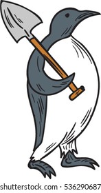 Drawing sketch style illustration of an emperor penguin holding shovel on shoulder viewed from the side set on isolated white background. 