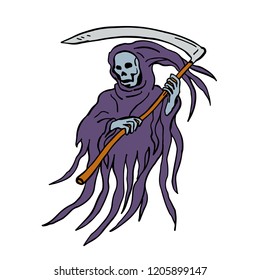 Drawing sketch style illustration of the evil grim reaper or death with scythe and torn hood  on isolated white background.