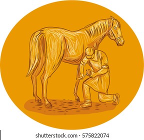 Drawing sketch style illustration of a farrier, specialist in equine hoof care, including the trimming and balancing of hooves,  placing of shoes on hoof of horse inside circle isolated background. 