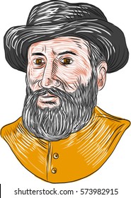 Drawing sketch style illustration of Ferdinand Magellan aka Fernando de Magallanes,a Portuguese explorer who organised Spanish expedition to East Indies to circumnavigate the earth. viewed from front.