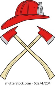 Drawing sketch style illustration of a fireman helmet and two fire axe crossed set on isolated white background.
