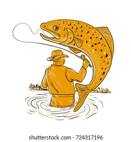 Drawing sketch style illustration of a Fly Fisherman fishing Reeling a spotted brown Trout jumping viewed from rear on isolated background.