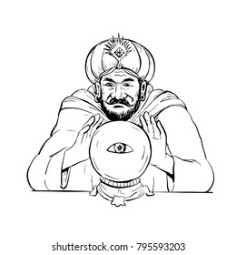 Drawing Sketch Style Illustration Of A Fortune Teller, Medium, Psychic, Mystic,seer, Soothsayer, Clairvoyant Scrying On A Crystal Ball With Eye On White Background.