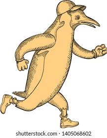 Drawing sketch style illustration of a gentoo penguin marathon runner wearing rubber shoes, gloves and cap running viewed from side on isolated background.
