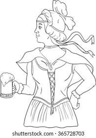 Drawing sketch style illustration of a German barmaid wearing medieval renaissance costume dress holding a beer mug viewed from side set on isolated white background. 