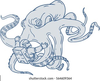 Drawing sketch style illustration of a giant octopus fighting an astronaut holding astronaut with it's tentacles set on isolated white background. 