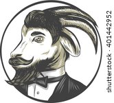 Drawing sketch style illustration of a goat ram with big horns and moustache beard owearing tie tuxedo suit looking to the side set inside circle. 