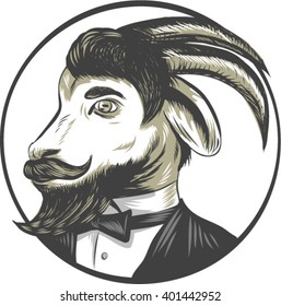 Drawing sketch style illustration of a goat ram with big horns and moustache beard owearing tie tuxedo suit looking to the side set inside circle. 