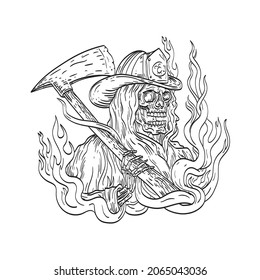 Drawing sketch style illustration of the Grim Reaper wearing a fireman firefighter helmet hat with fire axe smoke and fire on isolated background in black and white tattoo style.